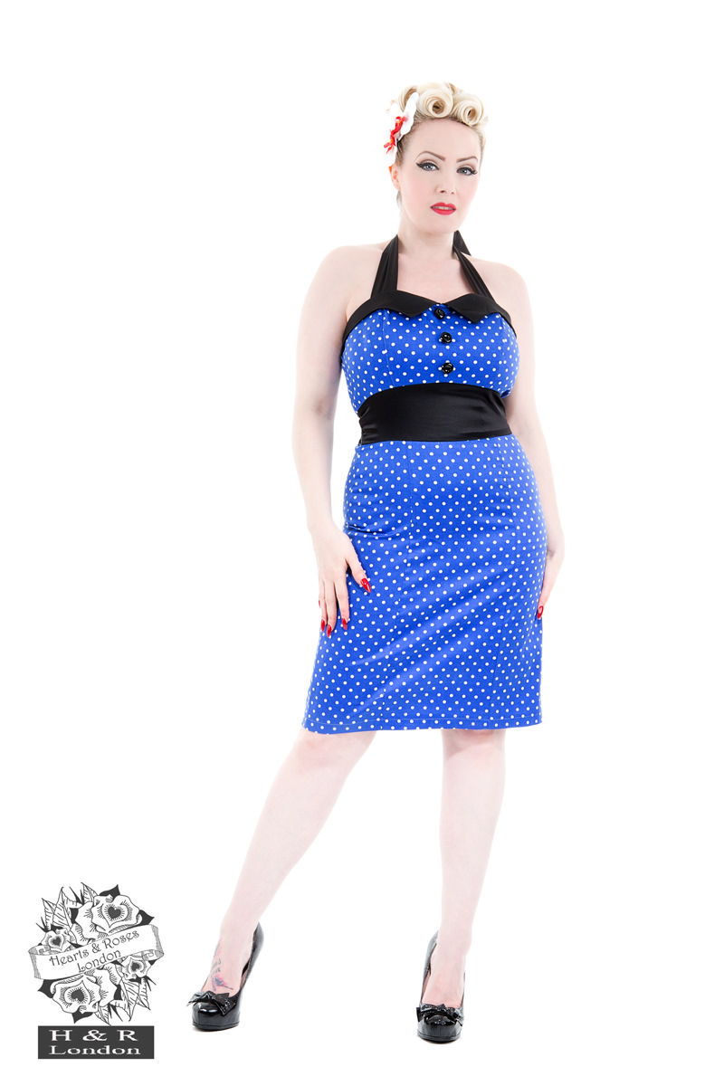 Blue White Polka Dot 40S Pencil Dress